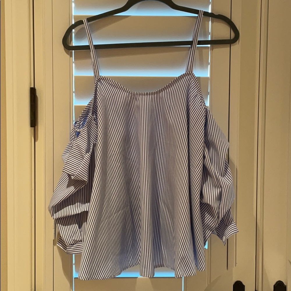 Blue and white stripped, open shoulder blouse